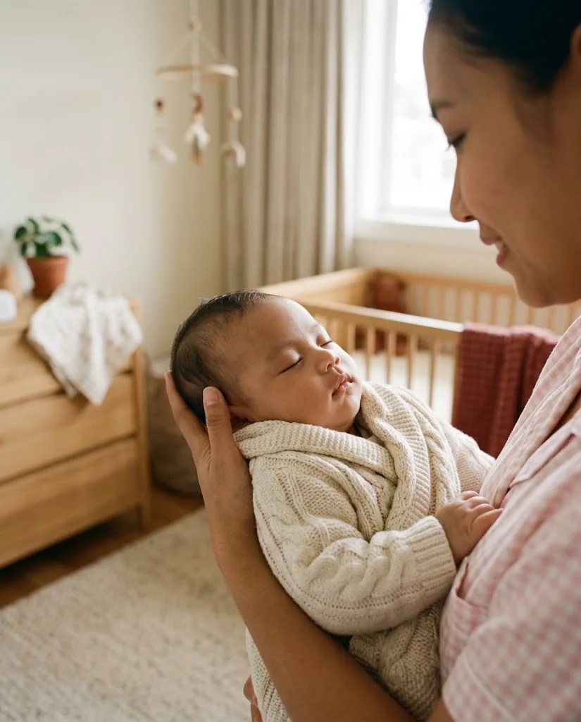 Pendamping berseragam pink menggendong bayi yang tertidur di kamar bayi