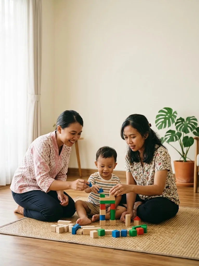 Seorang ibu dan pendamping berseragam pink menemani seorang anak bermain balok di atas tikar