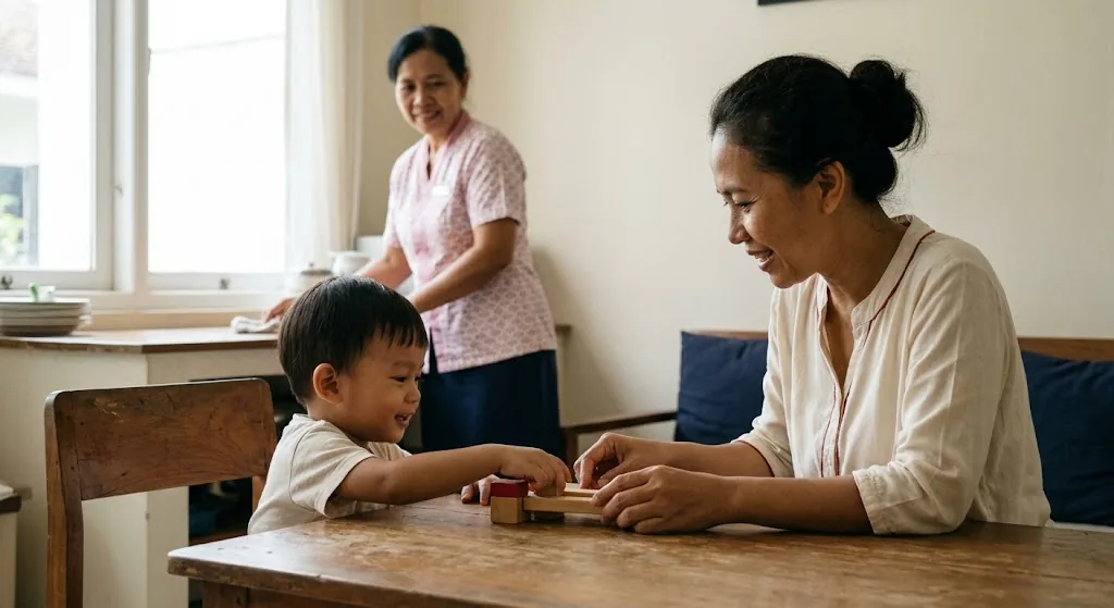 Seorang ibu bermain dengan anaknya di meja makan sementara pendamping bekerja di dapur