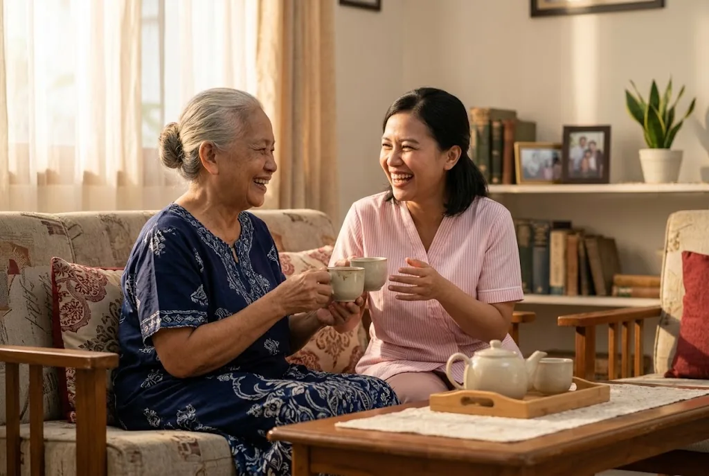 Seorang nenek dan pendamping berbincang sambil minum teh di ruang keluarga