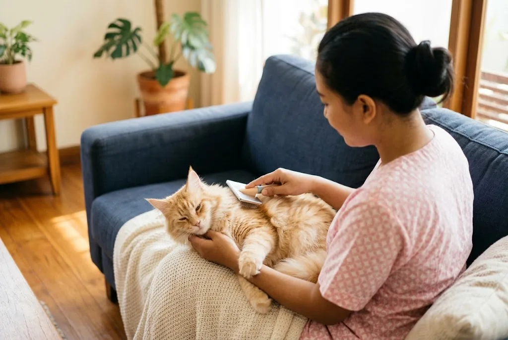 Pendamping menyisir bulu kucing di atas sofa