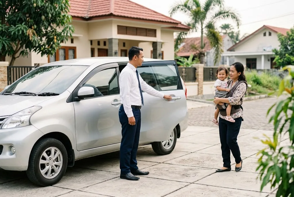 Supir berkemeja putih membukakan pintu mobil keluarga untuk seorang ibu dan anaknya