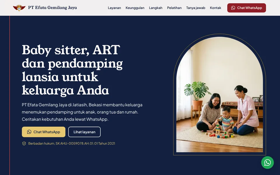 Tampilan halaman Signature: latar biru tua, judul, tombol WhatsApp berwarna emas dan foto