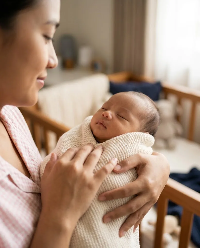 Pendamping berseragam pink menggendong bayi yang tertidur di kamar bayi