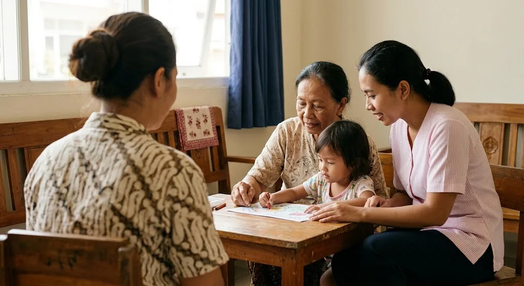 Seorang pendamping, seorang nenek dan seorang anak menggambar bersama di meja kayu sementara seorang ibu mendengarkan