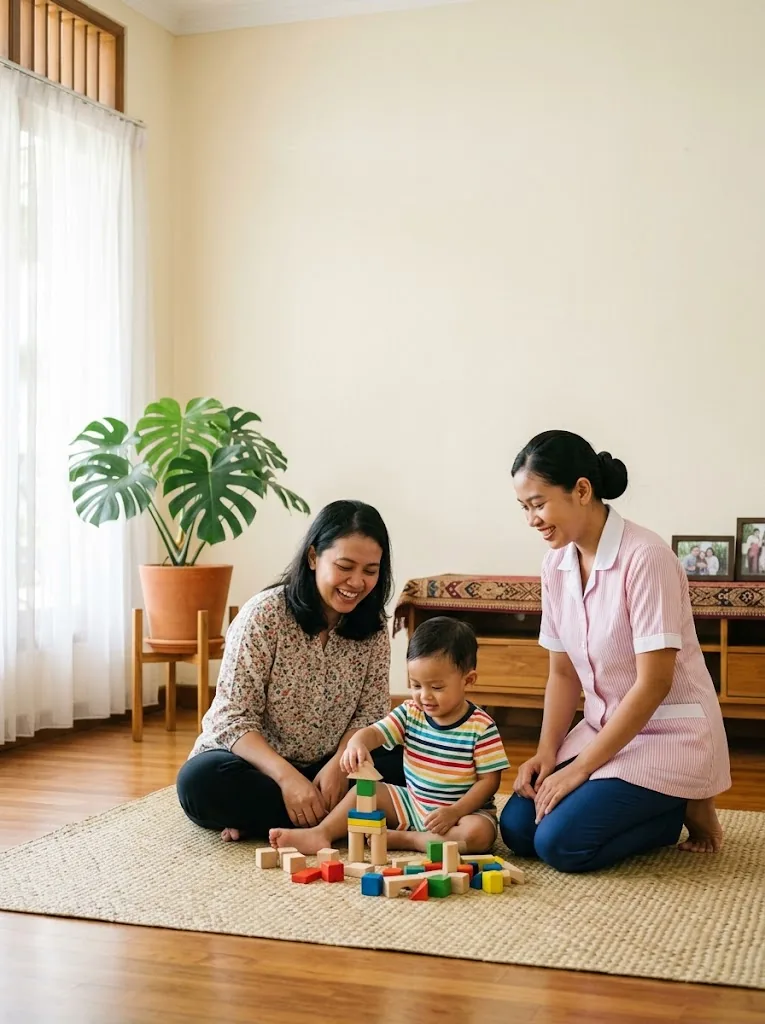 Ibu dan pendamping berseragam pink bermain balok warna-warni bersama seorang anak di ruang keluarga