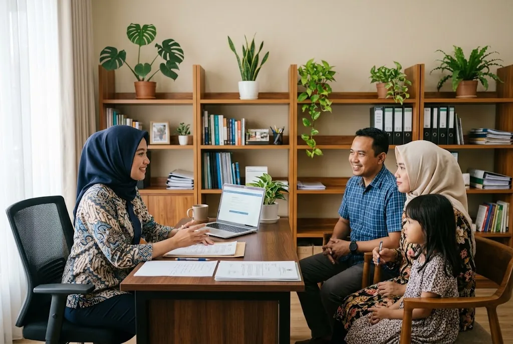 Staf kantor berbincang dengan sebuah keluarga di meja kerja, dengan rak buku dan tanaman di belakangnya