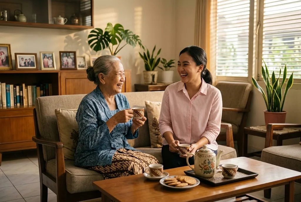 Seorang nenek dan pendamping berbincang sambil minum teh dan makan kue