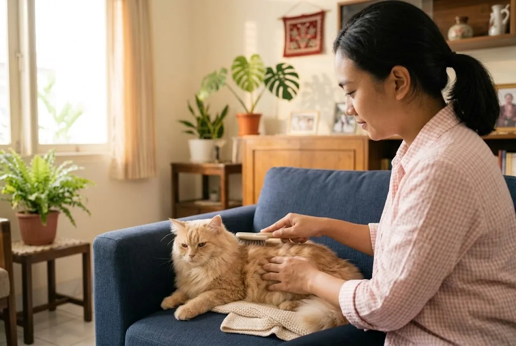 Pendamping menyisir bulu kucing di atas sofa biru