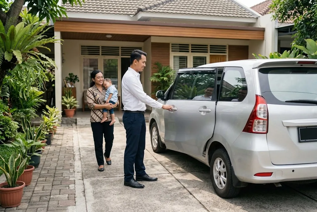 Supir berkemeja putih membukakan pintu mobil keluarga di depan rumah